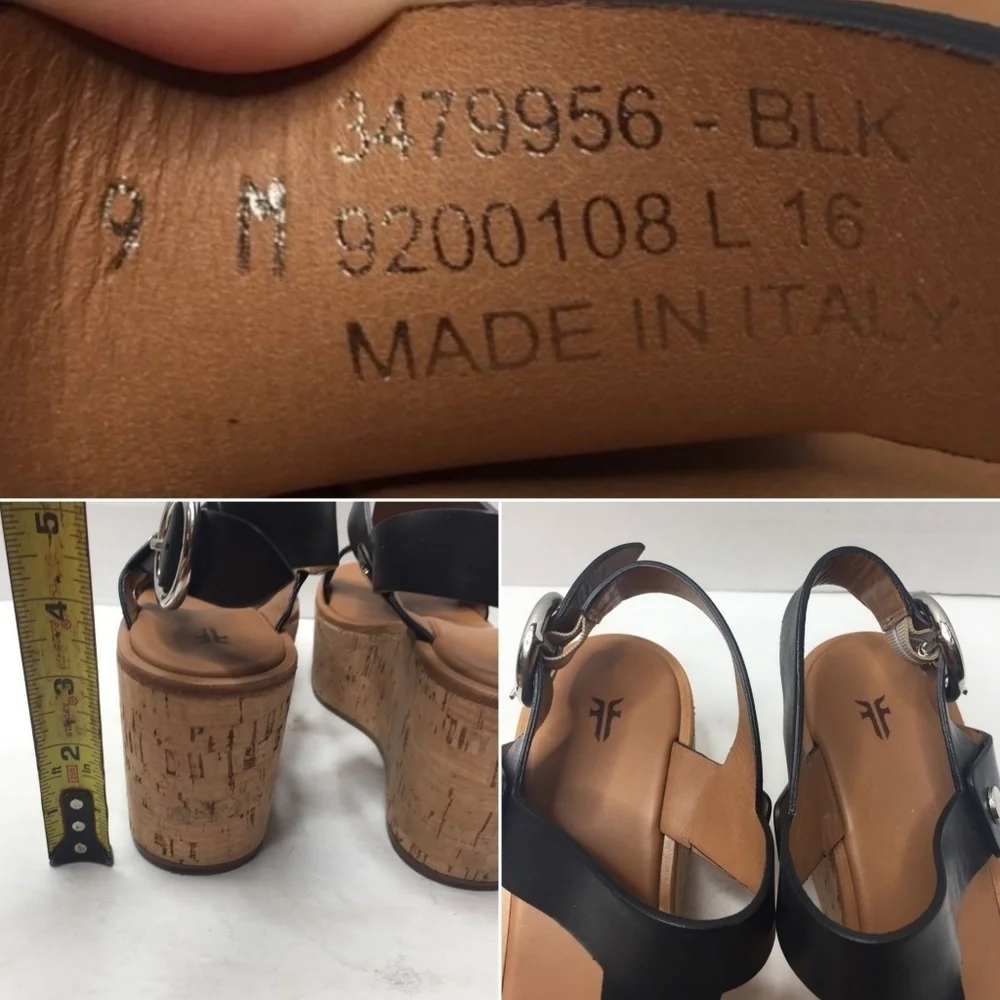 FRYE // dahlia black leather upper rivet detail platform cork wedge sandals